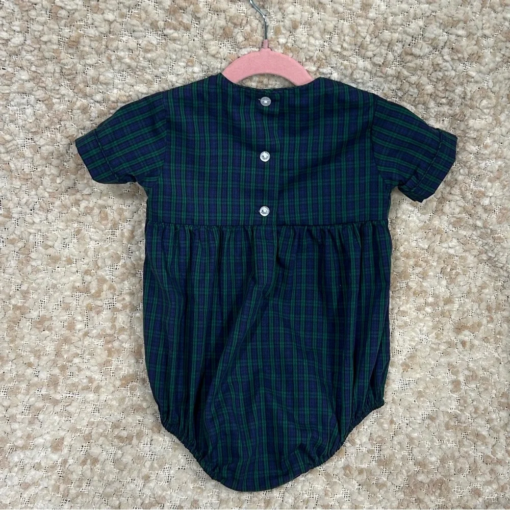 EUC The Beaufort Bonnet Co. navy & green Plaid smocked bubble romper 2t